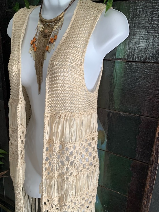 Boho Hippie Crochet Festival Fringe Open Knit Vest- M - Picture 4 of 13